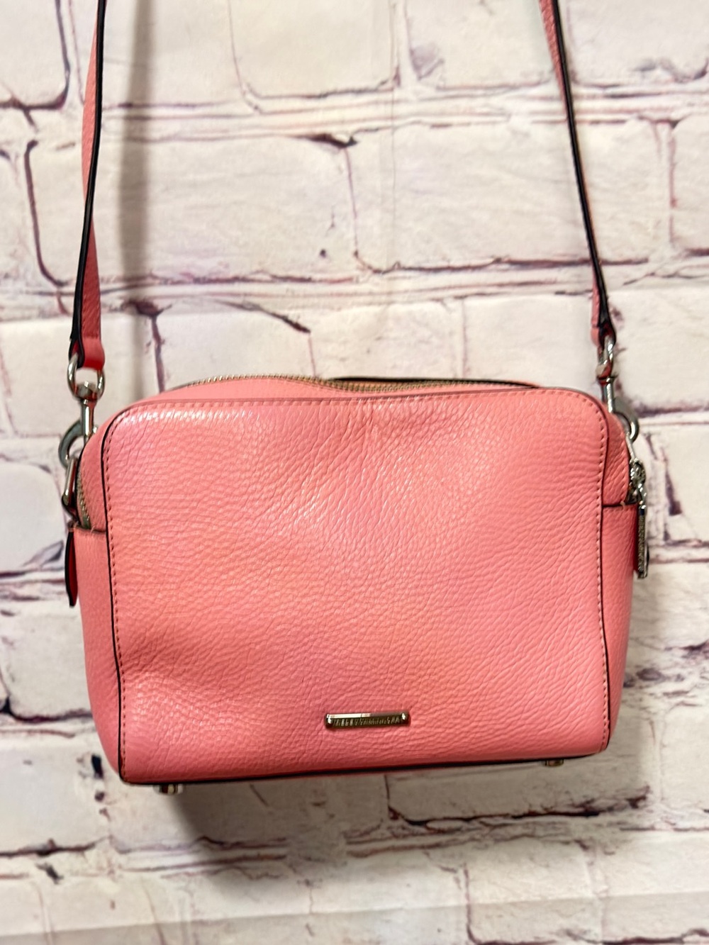REBECCA MINKOFF DOUBLE ZIPPER CAMERA BAG CROSSBODY PEBBLED LEATHER PINK